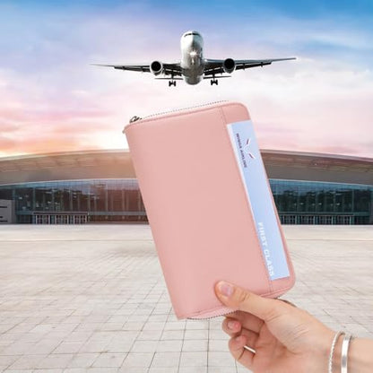 Leather Zipper Passport Wallet Holder Travel Essentials with RFID Blocking - color: Pink