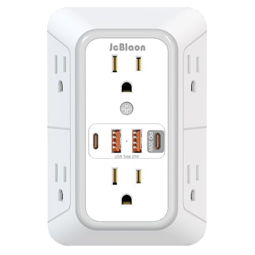 JcBlaon Multi Plug Outlet Surge Protector, Wall Charger with 6 Outlet Splitter with 4 USB Ports(PD 20W), 3-Sided 1050J Surge Protector Power Strip for Home Office Dorm Room Essentials-ETL - color: White PD20W 1 Pack