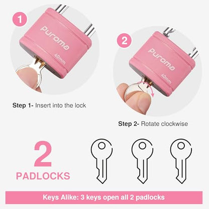 Puroma 2 Keyed Padlock with 3 Keys 7/8" School Locker Lock Gate 40mm Pink - color: Pink