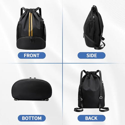 JELUTAR Drawstring Backpack Gym Bag with Shoes Pocket, Black Gold - color: Black Gold, size: Large
