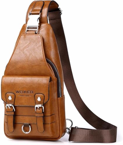 PU Leather Sling Bag for Men - Waterproof, Lightweight, Crossbody Chest Bag for Hiking & Cycling - color: B-light Brown
