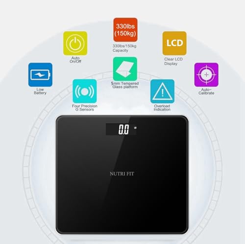 NUTRI FIT Digital Bathroom Scale for Body Weight 0.1lb with 2 AAA Batteries | 0.1lb Precision, 330lb Capacity, Backlit LCD Screen, Bath Scale for Accurate Weight Watching, Elderly Safe Home Use, Black - color: Cool Black