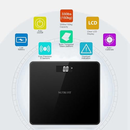 NUTRI FIT Digital Bathroom Scale for Body Weight 0.1lb with 2 AAA Batteries | 0.1lb Precision, 330lb Capacity, Backlit LCD Screen, Bath Scale for Accurate Weight Watching, Elderly Safe Home Use, Black - color: Cool Black