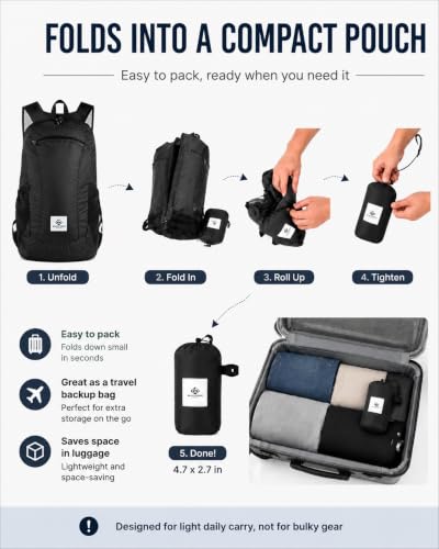 18L Packable Daypack, Lightweight Foldable Backpack for Travel, Airplane Carry On, Hiking, Camping, Water-Resistant Small Backpack for Men Women (Black) - color: Black