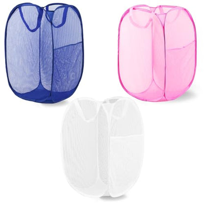 Pop Up Laundry Hamper, Mesh Laundry Basket Collapsible, Foldable Hamper for Travel and Storage, 3 Pack (White+Pink+Blue) - color: 3P White+Pink+Blue