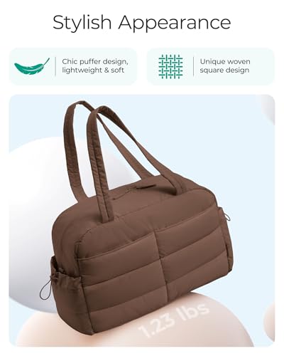BAGSMART Gym Bag for Women, 2-PC Puffer Travel Duffle Bag Carry On Tote Bag - color: Coffee Brown