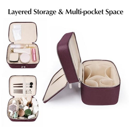 Makeup Case,Leather Double Layer Makeup Bag Duo,Large Portable Travel Toiletry Case Cosmetic Organizer for Women - color: Burgundy(9.8*7*7.3in)