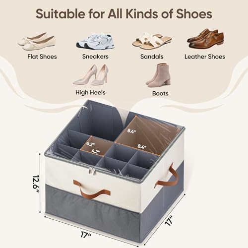 Shoe Organizer for Closet, Adjustable Storage Box Holds 32 Pairs - color: Beige & Grey