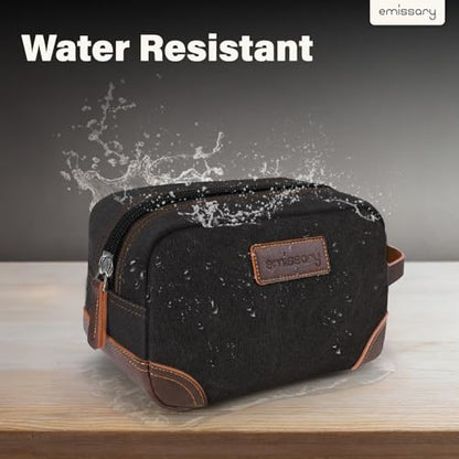 emissary Men's Canvas Travel Toiletry Bag, Leather Dopp Kit - Black - color: Black