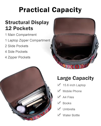 FADEON Laptop Backpack for Women, Vegan Leather 15.6 inch Computer bag - color: Purple Retro Style