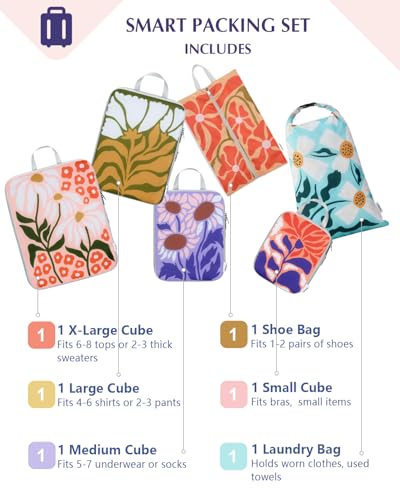 Gonex 6-Piece Compression Packing Cubes with Shoe & Laundry Bags | Floral Pattern, Ripstop Fabric, Double-Zip Compression, Carry-On Friendly, Lightweight - color: Flowers, size: 6 Set