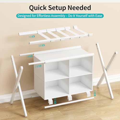 White Bamboo Luggage Rack with 4 Storage Compartments, Foldable Suitcase Stand, Luggage Rack for Guest Room, 150lbs Capacity, Sturdy - color: White 1 Pcs