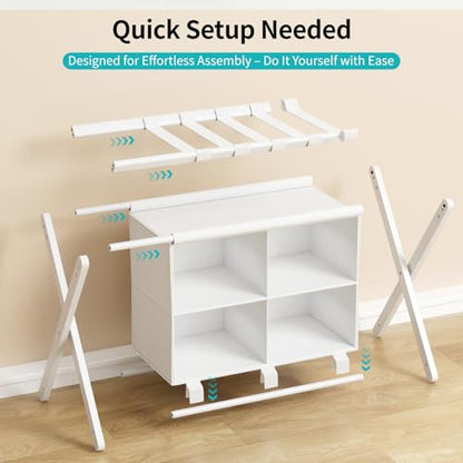 White Bamboo Luggage Rack with 4 Storage Compartments, Foldable Suitcase Stand, Luggage Rack for Guest Room, 150lbs Capacity, Sturdy - color: White 1 Pcs