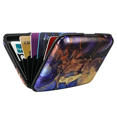 ELFISH RFID Aluminum Wallet Credit Card Protector Case Holder for Men Women - color: Gold Purple Marble