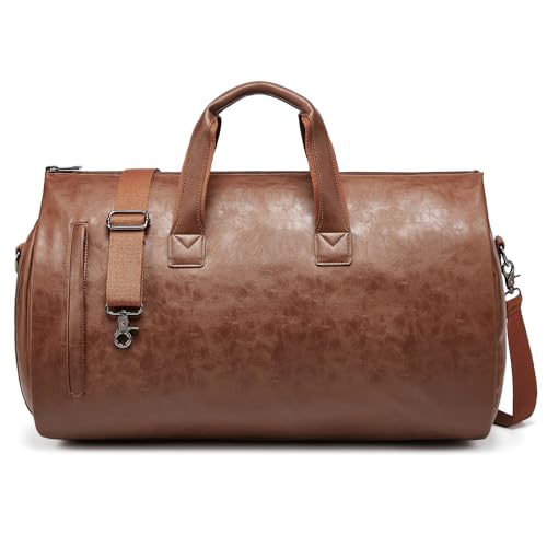 PU Leather Garment Bag, Convertible Garment Duffel Bag for Travel Mens Suit Bag 2 in 2 Waterproof Foldable Carry on Garment Bag with Shoulder Strap Weekender Bag with Shoe Pouch - color: PU-Brown