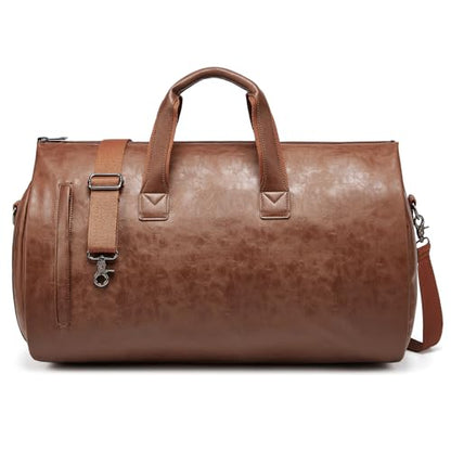 PU Leather Garment Bag, Convertible Garment Duffel Bag for Travel Mens Suit Bag 2 in 2 Waterproof Foldable Carry on Garment Bag with Shoulder Strap Weekender Bag with Shoe Pouch - color: PU-Brown