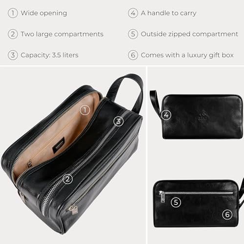 Time Resistance Leather Cosmetic Bag - Italian Toiletry Dopp Kit (Black) - color: Black