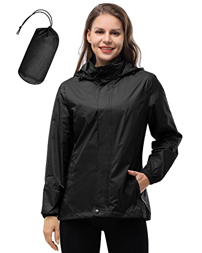 33,000ft Women's Rain Jacket Waterproof Lightweight Packable Raincoat - color: Black, size: Medium