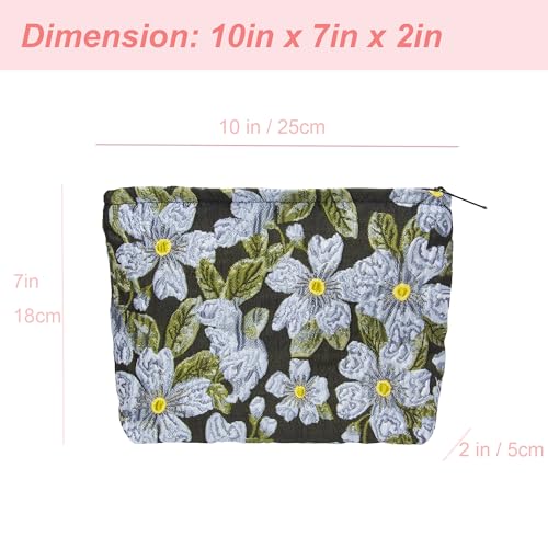 Flat Makeup Bag for Women,Zipper Cosmetic Pouch Purse,Brocade Flower Black - color: Brocade Flower Black