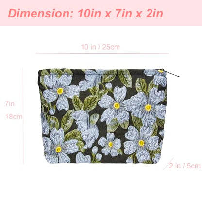 Flat Makeup Bag for Women,Zipper Cosmetic Pouch Purse,Brocade Flower Black - color: Brocade Flower Black