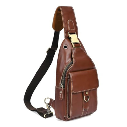 Genuine Leather Hiking Travel DayPack Sling Crossbody Triangle Chest Pack Bag For Men Women 8241 (E-Coffee 1) - color: E-coffee 1