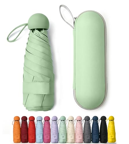 Mini Umbrella for Purse with Case, Sturdy Travel Essentials, UV Sun Protection Lightweight Compact Manual Open Close, Tiny Pocket Fits Purse Backpack, Women Kids Men - color: Light Green