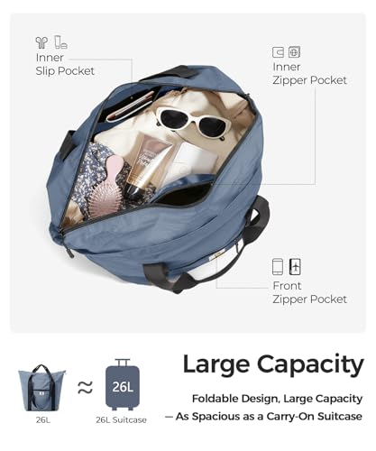 Foldable Travel Bag, 26L Lightweight Weekender Duffel, Expandable Second Carry-On Bag for Travel & Shopping, Water-Resistant Personal Item Bag, Mist Blue - color: Mist Blue