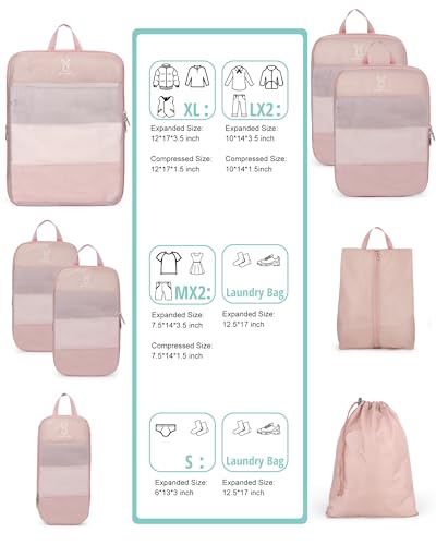 6/8 Set Space Saving Compression Packing Cubes Lightweight Packing Cube - color: Pink, size: 6 Pcs(XL,L,M*2,S,laundry bag)
