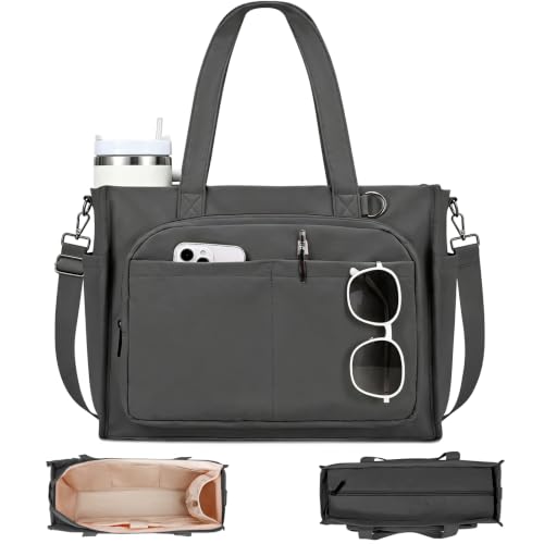 oscaurt Work Tote Bag for Women, 18 Pocket Laptop Tote, 15.6" Compartment - color: Dark Grey