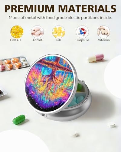 LRITER Pill Case, 3 Compartment Portable Travel Pill Box, Pillbox Organizer - color: Colorful Tree