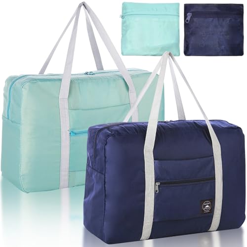 Foldable Travel Duffel Bag 2PCS Tote Carry on Luggage Bag Spirit Airlines Personal item Sports Gym Bag Water Resistant Weekender Overnight Bags for Women and Men (Green+Blue) - color: Green+Blue