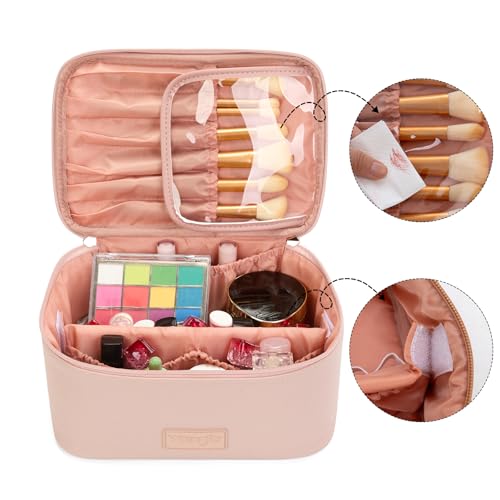 Wrangler Travel Makeup Bag 2pcs Set Cosmetic Bag with Makeup Brush Holder - color: Light Pink