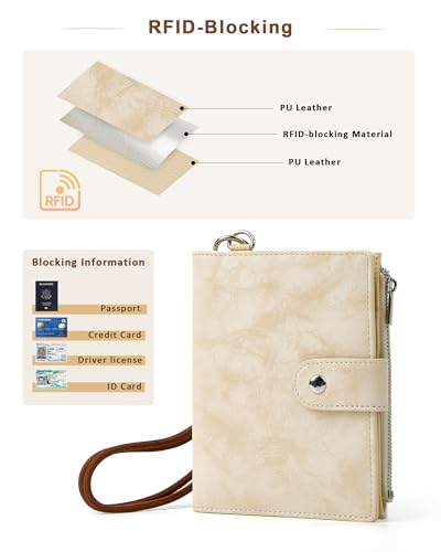Passport Holder for Travel, Rfid Passport Wallet with Zipper - color: White Sand