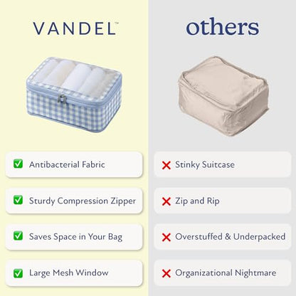Vandel Compression Packing Cubes for Women, Set with Hanging Toiletry Bag - color: 1. Blue Gingham, size: Deluxe Set (4 Cubes + Toiletry & Laundry Bags)