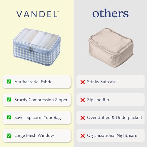 Vandel Compression Packing Cubes for Women, Set with Hanging Toiletry Bag - color: 1. Blue Gingham, size: Deluxe Set (4 Cubes + Toiletry & Laundry Bags)
