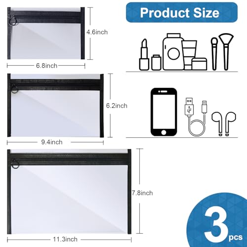 Clear Makeup Bag 3 Pack, PVC Toiletry Bag, Zipper, Travel Cosmetic Pouch
