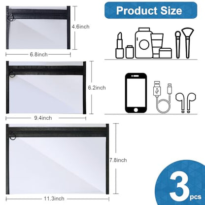 Clear Makeup Bag 3 Pack, PVC Toiletry Bag, Zipper, Travel Cosmetic Pouch