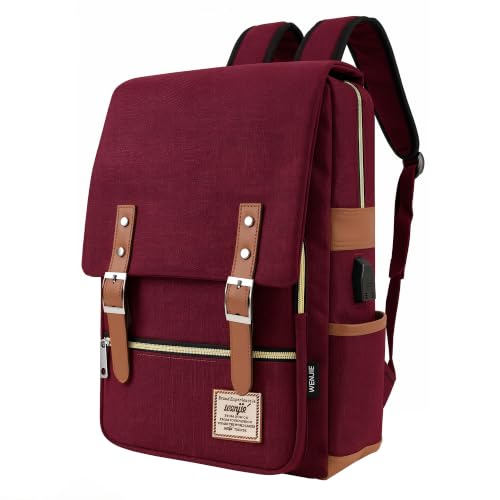 Casual Vintage Laptop Backpack with USB Charging Port Fashion Rucksack - color: Wine Red