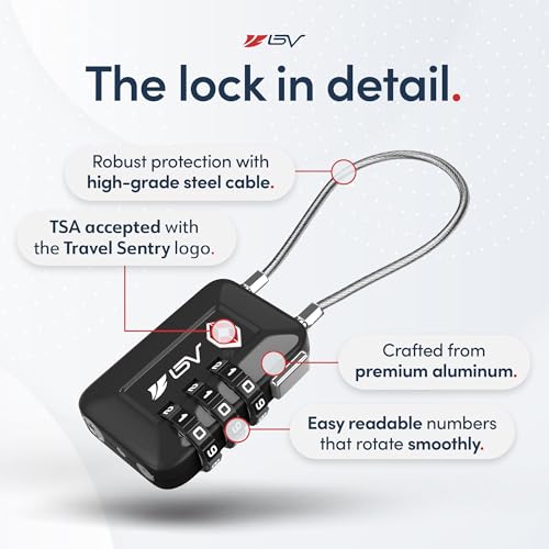 BV Luggage Locks TSA Accepted, Travel Sentry Approved 3-Digit Combination Suitcase Locks with Open Alert & Flexible Cable for Travel, Backpacks, Lockers, Cases, Black, 4 Pack - color: Black 4-Pack