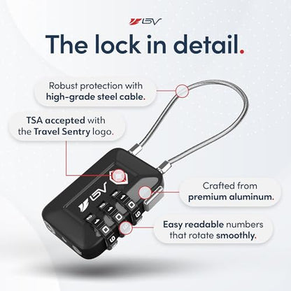 BV Luggage Locks TSA Accepted, Travel Sentry Approved 3-Digit Combination Suitcase Locks with Open Alert & Flexible Cable for Travel, Backpacks, Lockers, Cases, Black, 4 Pack - color: Black 4-Pack