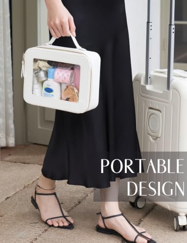 Popvibe Clear Makeup Case White Toiletry Bag Travel Large Clear Cosmetic Bag with Zipper, Big Make Up Bag Organizer Women Traveling TSA Approved Transparent Bag Car for Essentials - color: White, style: Large Luxe
