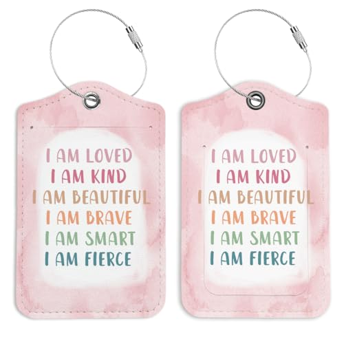 Pink I am Kind Brave Smart Inspirational Luggage Tags for Suitcases, Girls Luggage Tag, Back to School for Students, Trendy Girly 2 Pack Travel Luggage Tags, Teen Girls Gifts Suitcase Tags - color: Pink Inspectional
