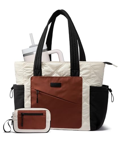 LOVEVOOK Tote Bag for Women, puffer tote bag for Work Travel Nurse, Lightweight quilted Bags with Compartments - color: L-17.3 Inch-cream-black-brown