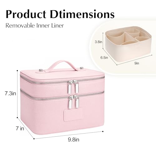 Makeup Case,Leather Double Layer Makeup Bag Duo,Large Portable Travel Toiletry Case Cosmetic Organizer for Women - color: Pink(9.8*7*7.3in)