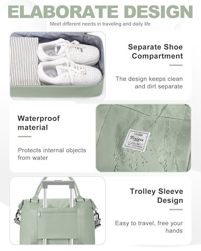 Travel Duffel Weekender Bag Women Tote Carry On Bags With Shoe Compartment - color: H11-BeigeGreen, size: Large