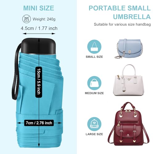 Mini Umbrella for Travel with Case Small Compact Sun Rain Tiny for Purse - color: 1702.Lake Green