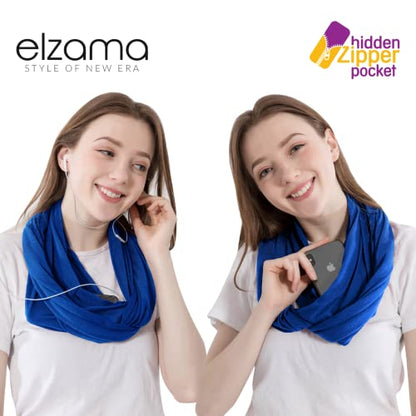 elzama Infinity Loop Solid Color Scarf With Hidden Zipper Pocket For Women - Lightweight Travel Neck Wrap - color: 08-royal Blue