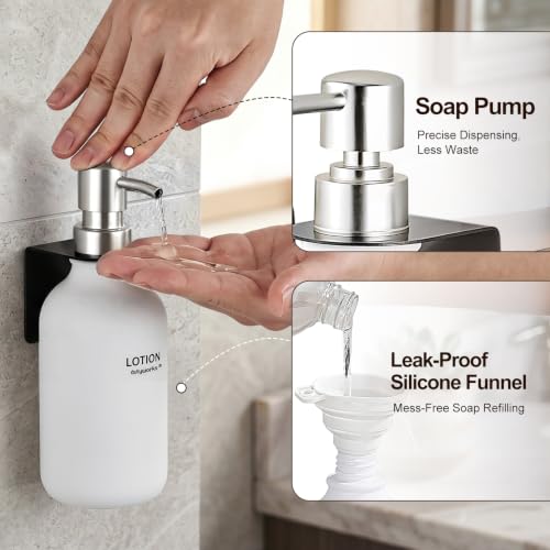 Shampoo and Conditioner Dispenser Set of 3, Wall Mounted - color: Matte White Bottle + Silver Pump