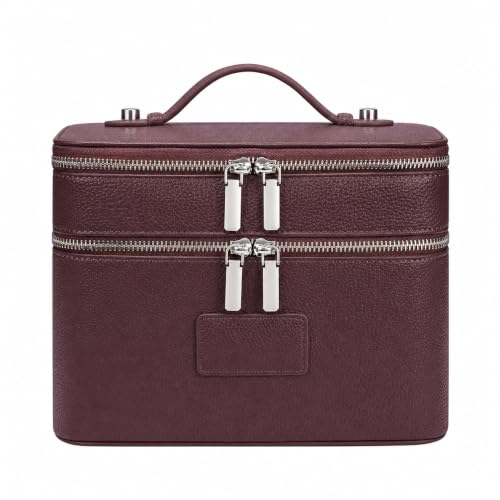 Makeup Case,Leather Double Layer Makeup Bag Duo,Large Portable Travel Toiletry Case Cosmetic Organizer for Women - color: Burgundy(9.8*7*7.3in)