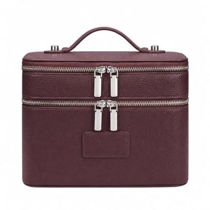 Makeup Case,Leather Double Layer Makeup Bag Duo,Large Portable Travel Toiletry Case Cosmetic Organizer for Women - color: Burgundy(9.8*7*7.3in)